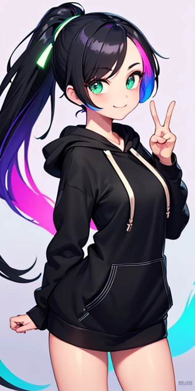 (black hair,colorful fluorescence multicolored hair:1.5,ponytail:1.5), (masterpiece, sidelights, exquisite beautiful eyes: 1.5), masterpiece*portrait, realistic, ((Colorful background of different colors:1.5)),(Gentle face:1.5),colorful,3D face,(cute face),front view: 1.6、(Inward V sign:1.5)、 (glowing green eyes:1.2),(tareme:1.5)、(cute smile:1.5),,Slim Body, shiny hair, shiny skin: 1.5、medium breasts,、solo,(stand)、(hoodie:1.5)、(charactor focus:1.5、portlate、eye focus,cowboy shot)、bright atmosphere,intricatedetails