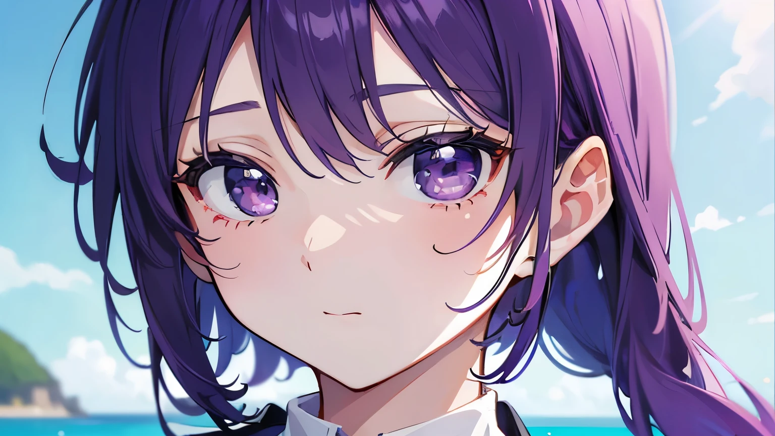 (T Masterpiece,4k wallpaper,best quality))、((girl1people))、(solo)、Brilliant,(purple hair)、(shortcut:1.3)、uniform、Ocean、close up of face、battleship