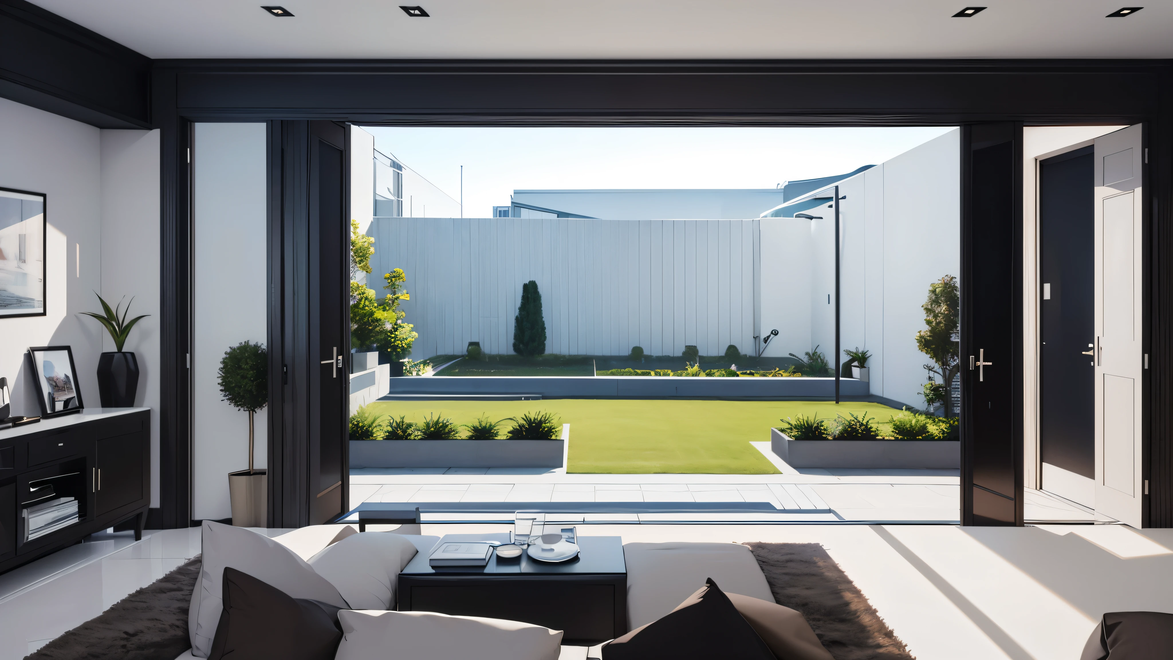 You are a famous interior designer、You have been asked to create a 3D image of a modern large room. Create a harmonious environment with modern and minimalist furniture. Including garden interior.