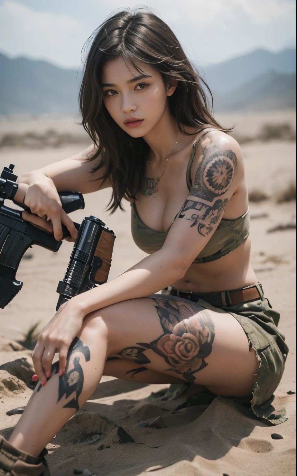 A girl with realistic, high-resolution skin texture holding an automatic rifle stands in a rugged background. She has intricate tattoos on her body. The lighting is dark and moody, creating a dramatic atmosphere. The overall style is military-inspired, with vivid colors and sharp focus. This prompt is designed for a professional-level artwork with exceptional detail and realism.