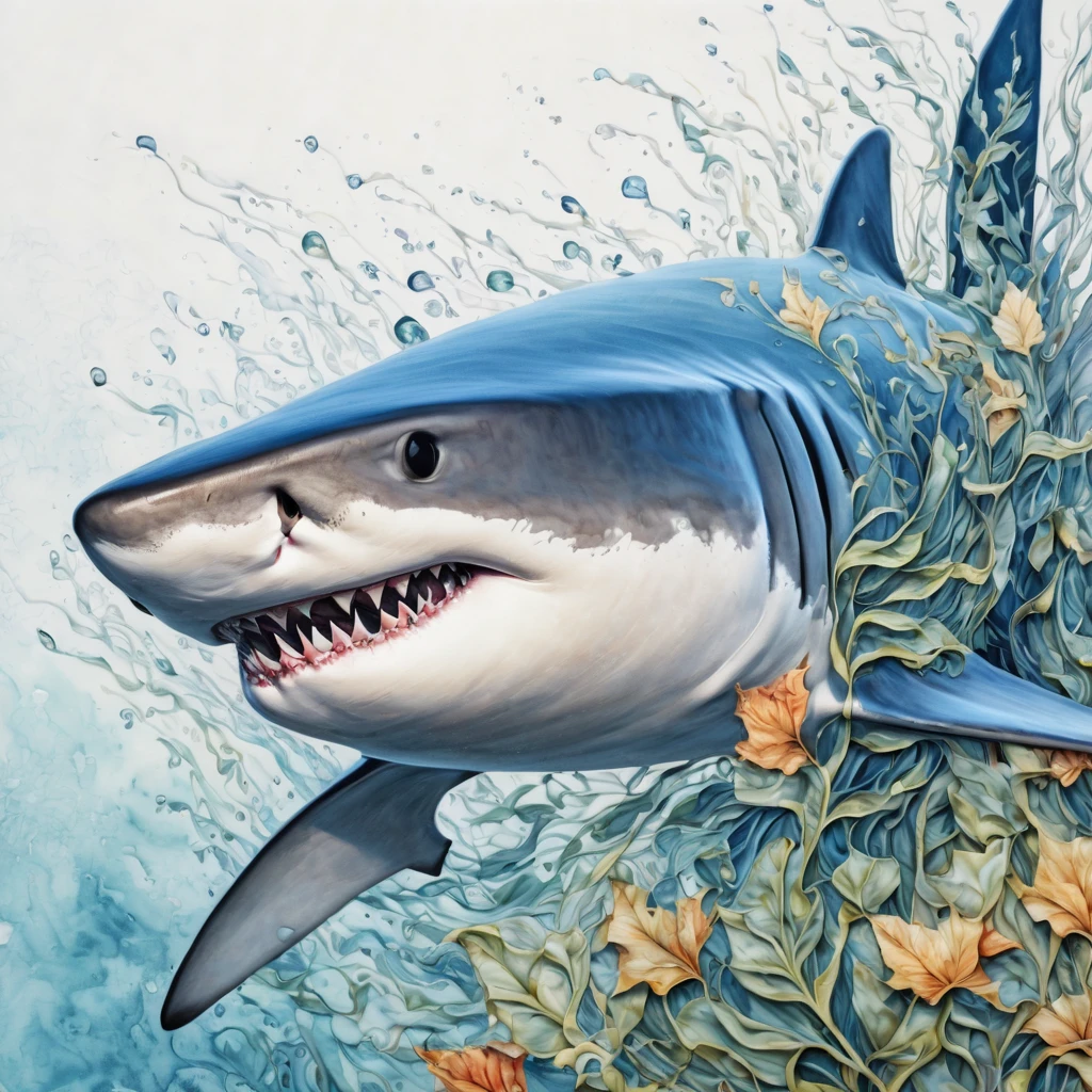 Zentangle style sharks face close up. (best quality,4k,8k,highres,masterpiece:1.2),ultra-detailed,(realistic,photorealistic,photo-realistic:1.37), (((Zentangle sharks close up))),tangled lines,detailed seaweed,watercolor techniques,blended colors,organic patterns,vibrant and rich colors,subtle shading,high contrast,meticulous attention to detail,delicate brushstrokes,soft and flowing movement,colorful and intricate designs,harmonious composition,flourishing vines and leaves,isolated seaweed on a blank canvas,gentle water droplets on seaweed, ,textured and layered brushwork,luminous and translucent effect,calming and peaceful atmosphere,nature-inspired motifs,up-close perspective on seaweed elements,lively and expressive strokes,artistic exploration and creativity,inspired by Zen philosophy,flowing and interconnected lines,repetitive patterns and rhythms,meditative and tranquil energy,harmonious balance between freedom and control,dimensions of beauty and tranquility,transient and ephemeral beauty,microcosm of nature's wonders.