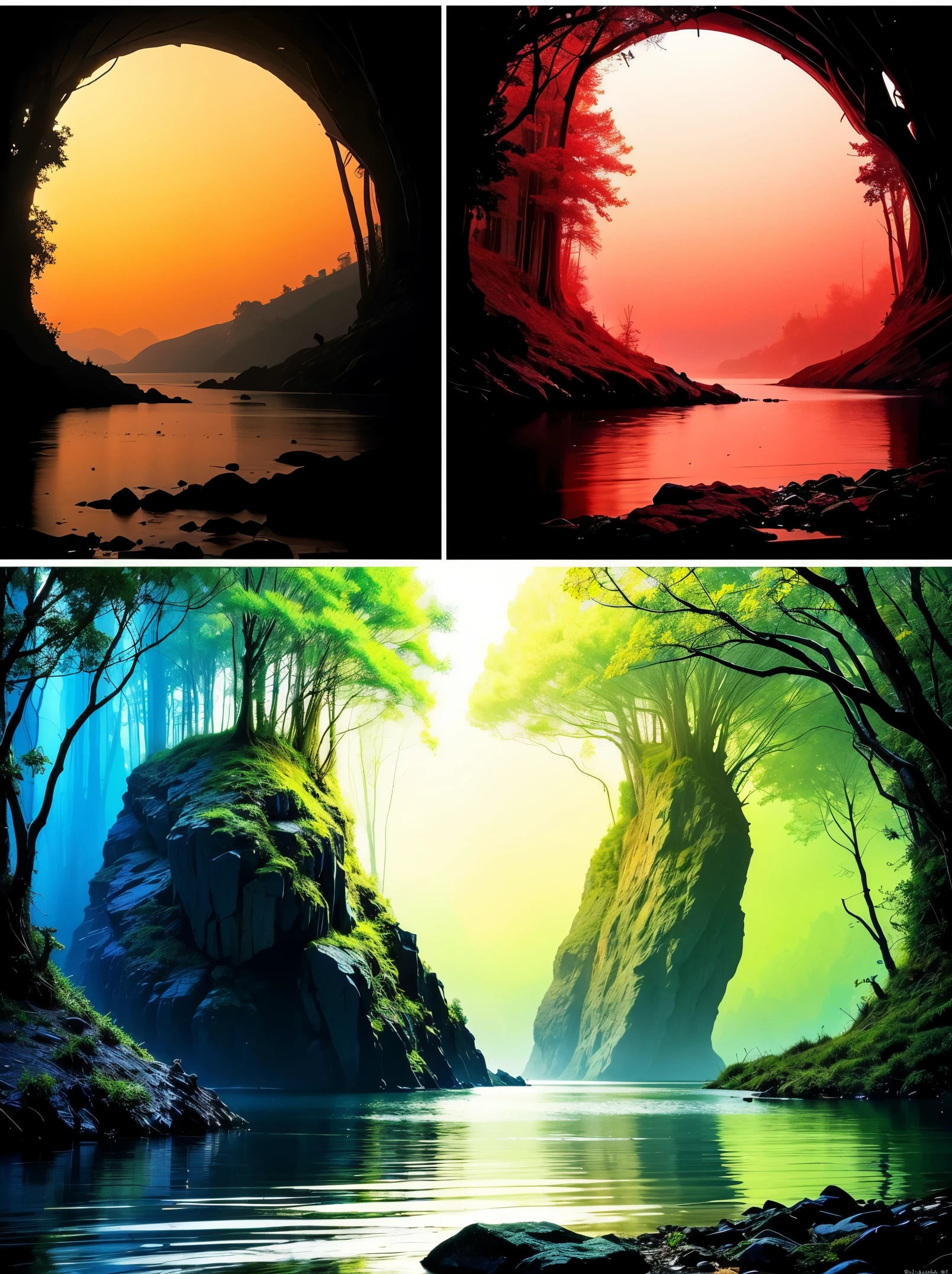 Create an artwork with three layers. The first layer should be the bottom third of the image and should contain the foreground. The second layer should be the middle third of the image and should contain the middle ground. The third layer should be the top third of the image and should contain the background.
In each layer fill with a random color.