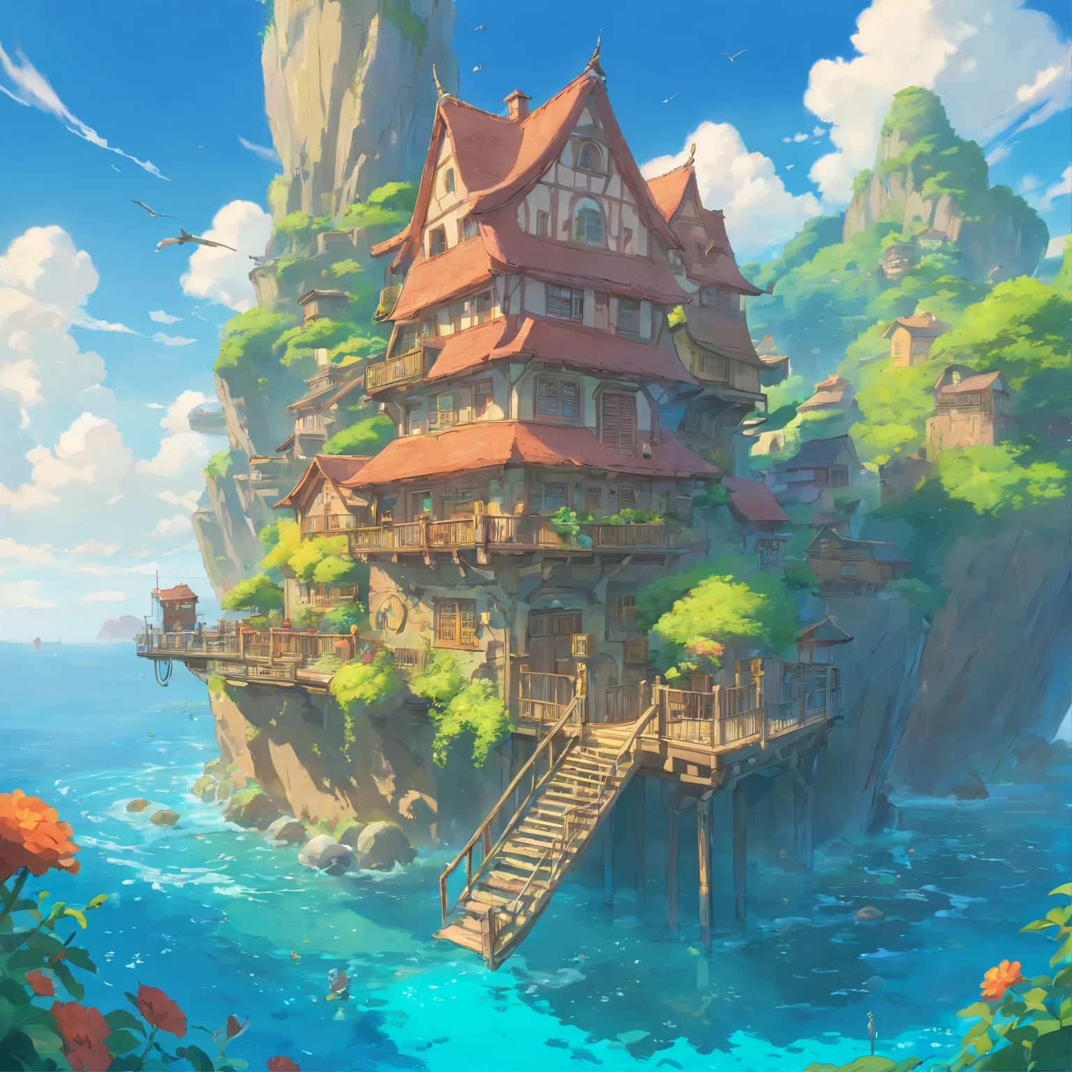 color (fantasy: 1.2), (Hayokaze Miyazaki), (Irregular buildings floating in the sea), Patchwork Cottage, flower decoration, light, Concept Art Inspired by Andreas Rocha, Artstation contest winner, fantasy art, (Underwater city), Ross Tran, lightシャフト, realistic lighting, masterpiece, high quality, beautiful graphics, high detail, masterpiece, high quality, beautiful graphics, high detail, --v6