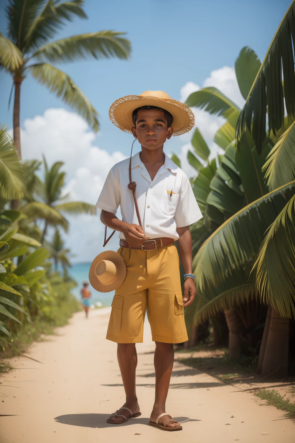 1930s Cuban Sugar Cane Plantation Mambo Celebration (Location: Matanzas)
Character: A lively Cuban boy, in his tweens, with a Panama hat and salsa-inspired attire, joins a vibrant mambo celebration on a sugar cane plantation in Matanzas during the 1930s. The rhythmic beats and tropical setting create a festive atmosphere. Wes Anderson's Matanzas palette paints a lively scene of Cuban cultural richness.