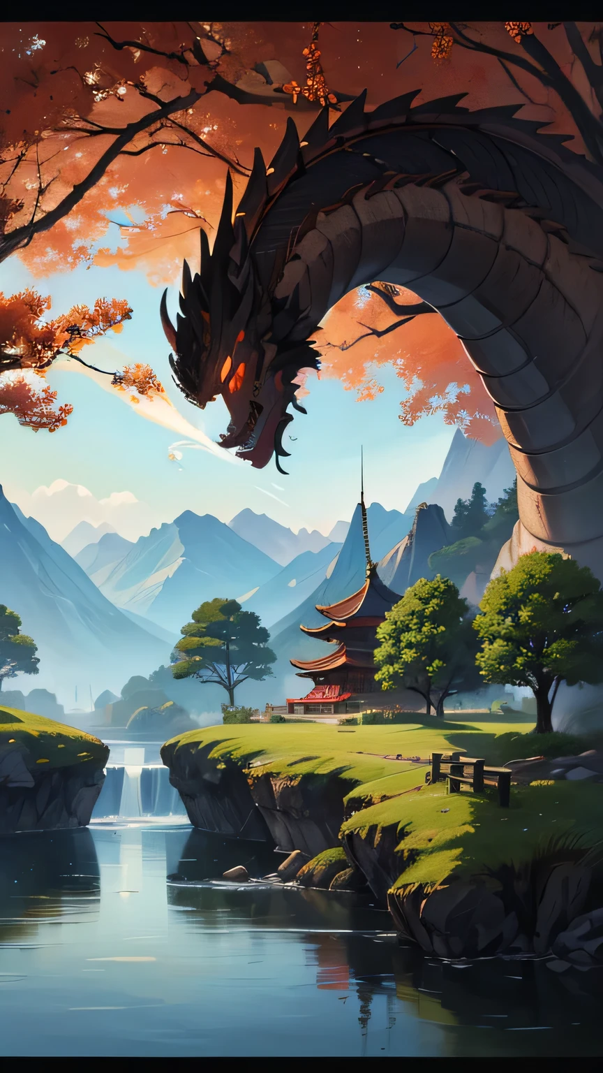main body:Year of the Dragon,Scenes:environmental explosion,style:Oriental landscape painting,Screen:,