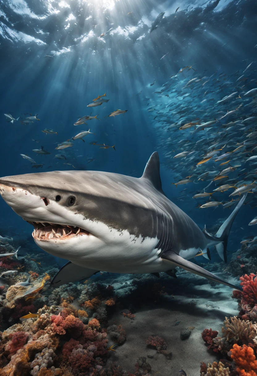 professional photography,large shark,seabed,catching prey,underwater scene,vivid colors,sharp focus,ultra-detailed,physically-based rendering,professional lighting,marine life,marine ecosystem,hidden depths,sea creatures,coral reefs,biodiversity,diving experience,majestic predator,aquatic environment,rare moment,thrilling encounter,adventure,spectacular view,magnificent creature,untouched beauty,awe-inspiring,turbulent waters,natural habitat,lensthroughwater,uncharted territory,rays of sunlight,elusive prey,sustaining the balance,diving expedition,risk and reward,jaw-dropping,unique perspective,secrets of the deep,HDR,UHD