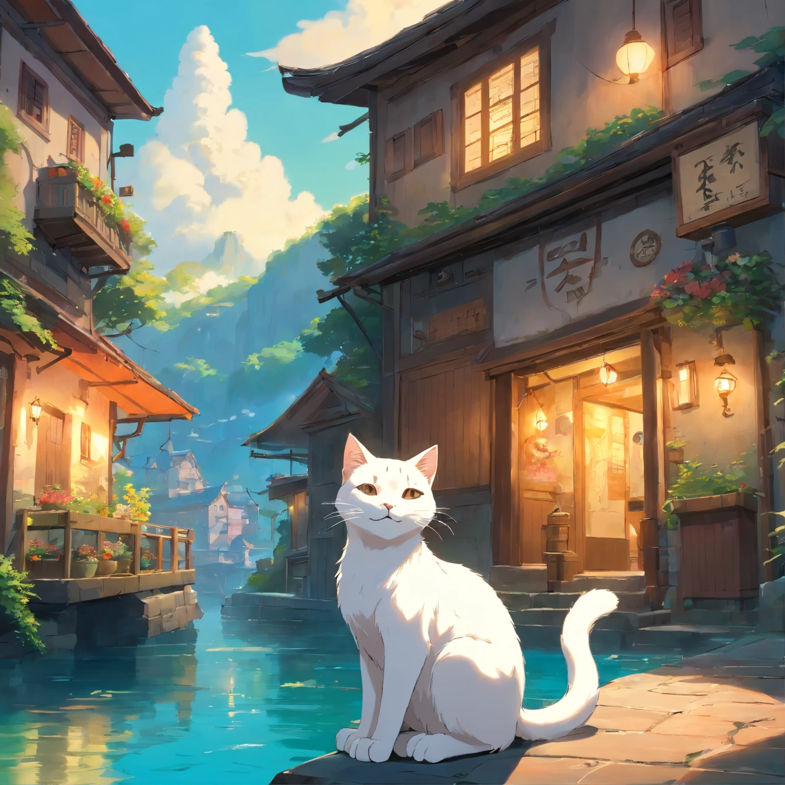In the style of primitivist realism, painting of a big white cat and a girl, texture exploration, Ashcan School, close-up, dark brown and white, Olympus Irregular Buildings Floating on the Sea), Patchwork Cottage, Floral Decorations, Lights, Concept Art Inspired by Andreas Rocha, Art Station Contest Winner, Fantasy Art, (Underwater City), Los Tran, Light Shaft , realistic lighting, masterpiece, high quality, beautiful graphics, high details, masterpiece, high quality, beautiful graphics, high details, --v6