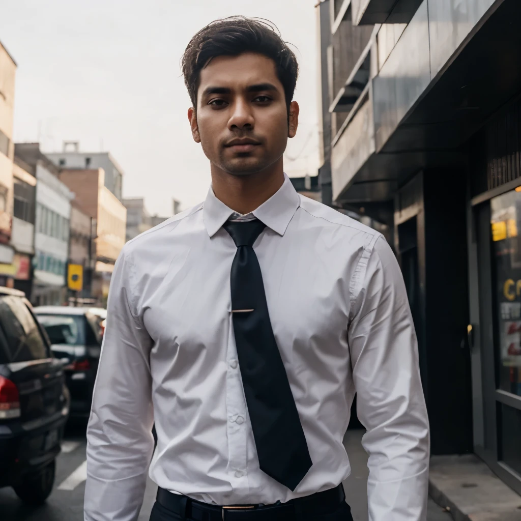 A white Bangladeshi man wearing formal office dress, epic cinematic color grading, dawn, street