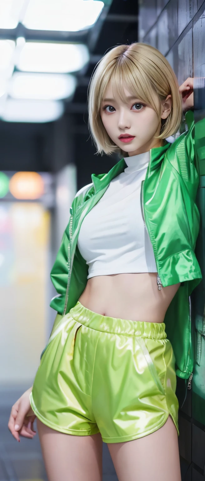1girl, (white hair:1.22), bob cut hair, (thick bang hair), hair spreading, (thai: korean :0.5), boring mood, highly detailed face, pretty face, BREAK wearing solid neon green big sport clothes, long sleeve, neon green long pants, facial focus, modeling pose, sweat, wet skin, BREAK kitchen background, masterpiece, best quality, motion blur, cam from below,