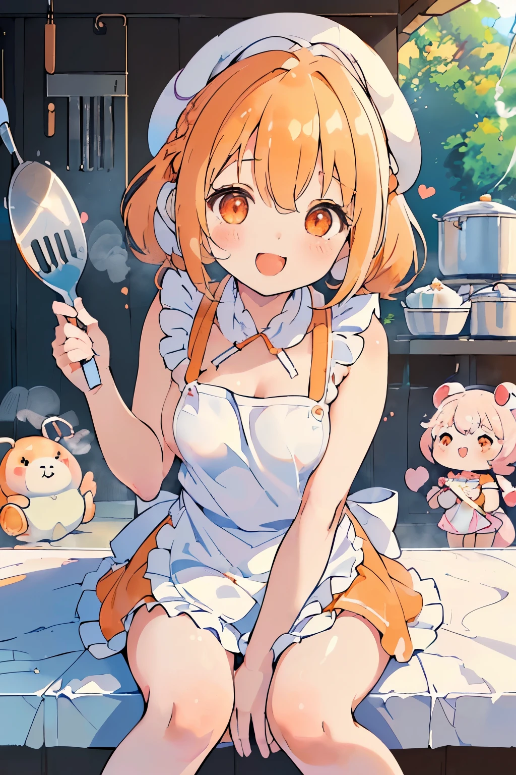 (Chibi:1.15),girl,blush,(swirly hair:1.35),(Fluffy short hair:1.2),(butter shaped hair ornament:1.3),(A big smile:1.35),(orange heart-like eyes:1.3),(smiling with open mouth:1.25),(おたまやフライパンなどのkitchen用品が飛び交うファンタジーな雰囲気:1.25),(A cute silhouette wearing an apron with lots of frills:1.3),(naked apron:1.5),(Cute pose with hand on side of face:1.3),(Burikko:1.3),(close up of face:1.35),(Brightness:1.35),(Gentle sunlight:1.25),(Freshly steamed potato butter:1.25),(steaming potatoes:1.3),(Cute stuffed animals and sweets are flying around:1.3),(Colorful and cute POP atmosphere:1.2),(big breasts),(kitchen:1.4),(slouch:1.35),(valley:1.4),(No panties:1.4)