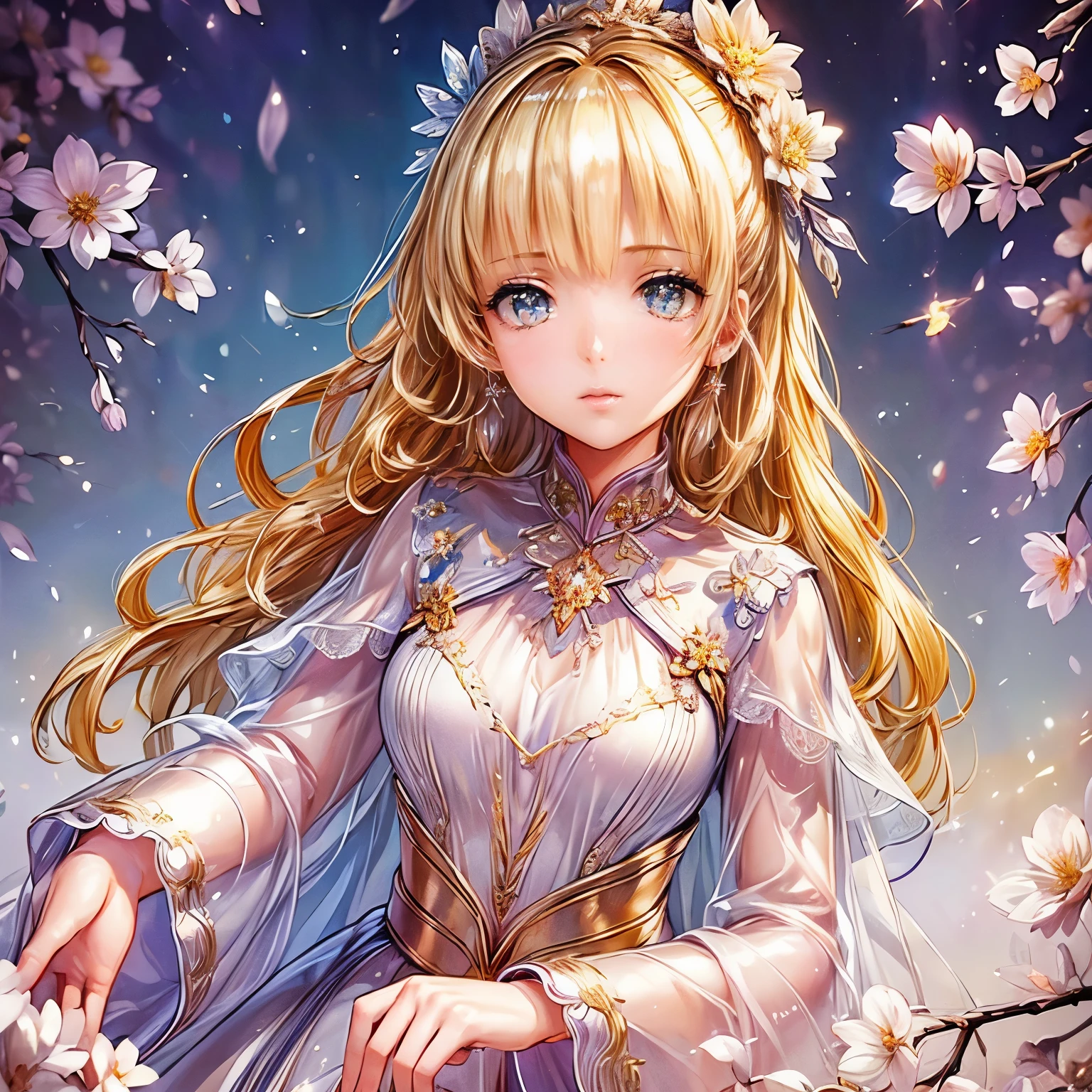 (highest quality:1.4),(masterpiece:1.4),super detailed,8K,cg,exquisite,Upper body,Lonely,thumb girl,Little Princess,flowing coat dress,garden background,detailed facial features,long curly hair,Almond Eyes,Delicate eye makeup,long fluttering eyelashes,Sparkling starry eyes,and a starry gaze, intricate lip details,soft and harmonious style.