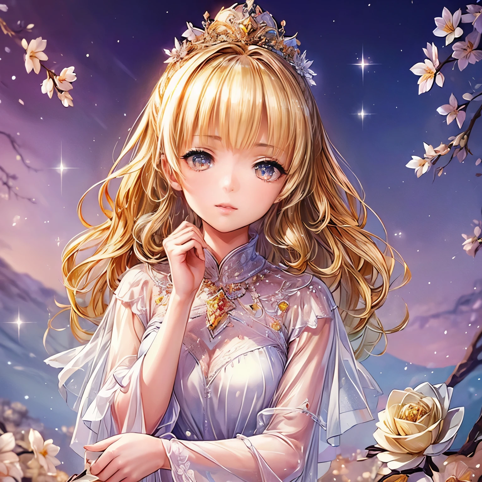 (highest quality:1.4),(masterpiece:1.4),super detailed,8K,cg,exquisite,Upper body,Lonely,thumb girl,Little Princess,flowing coat dress,garden background,detailed facial features,long curly hair,Almond Eyes,Delicate eye makeup,long fluttering eyelashes,Sparkling starry eyes,and a starry gaze, intricate lip details,soft and harmonious style.