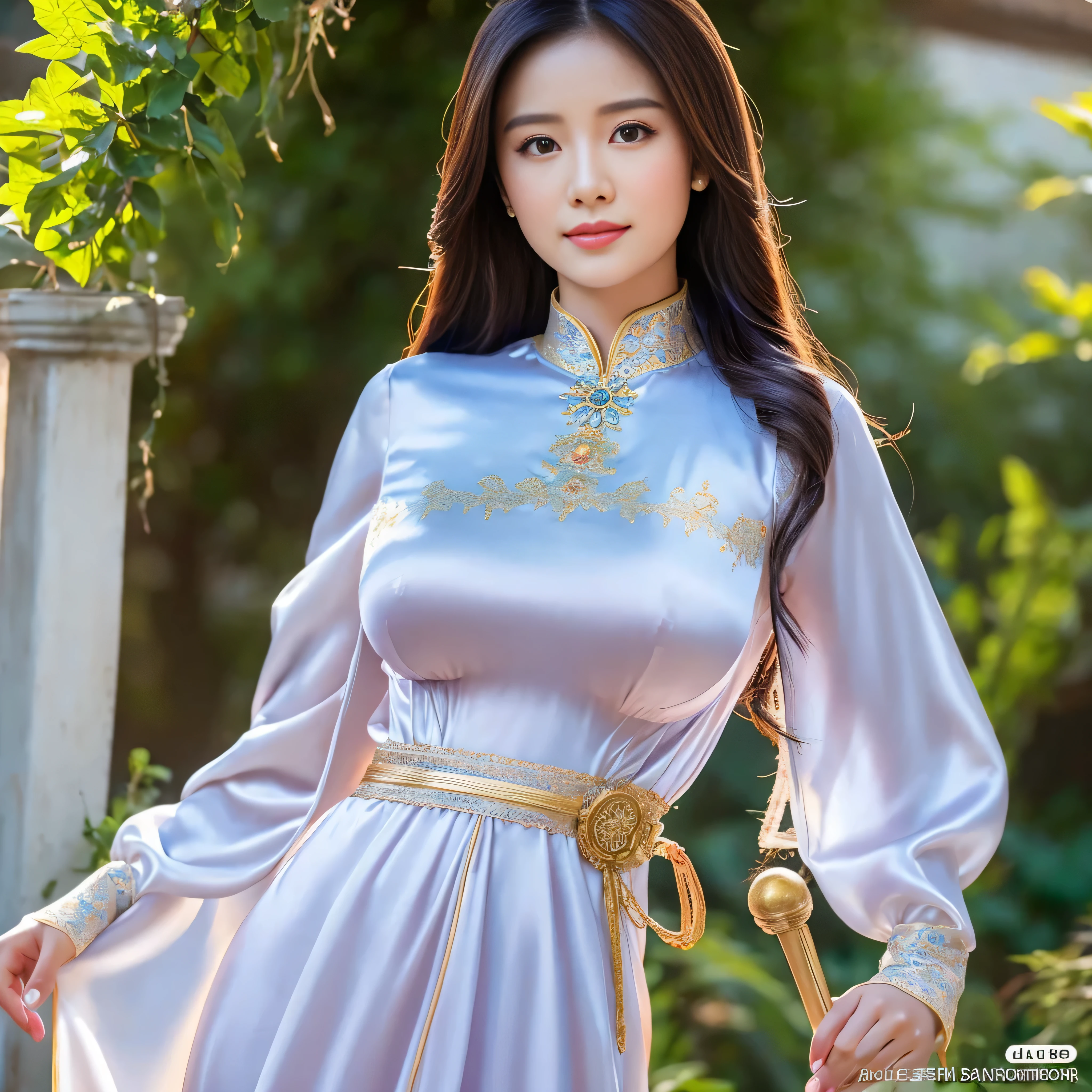 Vietnamese magical princess, beautiful, extremely detailed silk dress, large breasts, ao dai