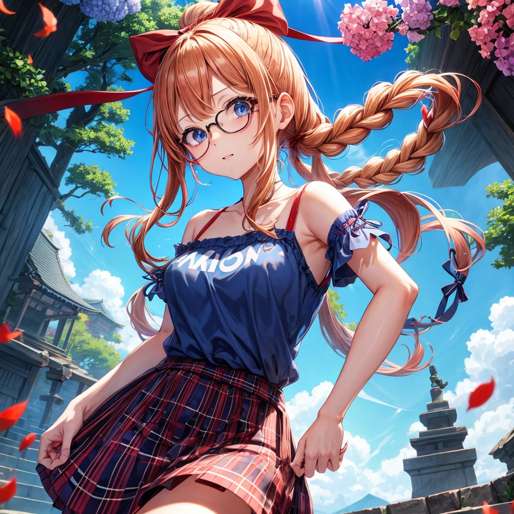 Red-blonde、blue hair、blue eyes、Braid、one good looking girl、solo、anime、Plaid miniskirt、camisole、black t-shirt、Tilting your face、Doing the ribbon、Ribbon at waist、sunset sky、shrine、stone stairs、petal、tunnel、drawing a fortune、Fallen leaves、fixing glasses、waterfall、Have a bouquet of hydrangeas、contrail、drinking water