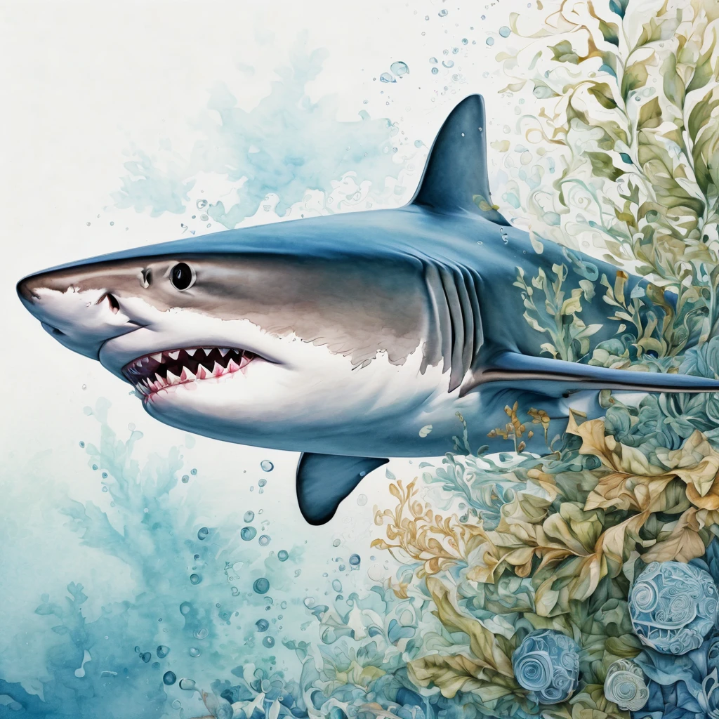 Zentangle style sharks face close up. (best quality,4k,8k,highres,masterpiece:1.2),ultra-detailed,(realistic,photorealistic,photo-realistic:1.37), (((Zentangle sharks close up))),tangled lines,detailed seaweed,watercolor techniques,blended colors,organic patterns,vibrant and rich colors,subtle shading,high contrast,meticulous attention to detail,delicate brushstrokes,soft and flowing movement,colorful and intricate designs,harmonious composition,flourishing vines and leaves,isolated seaweed on a blank canvas,gentle water droplets on seaweed, ,textured and layered brushwork,luminous and translucent effect,calming and peaceful atmosphere,nature-inspired motifs,up-close perspective on seaweed elements,lively and expressive strokes,artistic exploration and creativity,inspired by Zen philosophy,flowing and interconnected lines,repetitive patterns and rhythms,meditative and tranquil energy,harmonious balance between freedom and control,dimensions of beauty and tranquility,transient and ephemeral beauty,microcosm of nature's wonders.