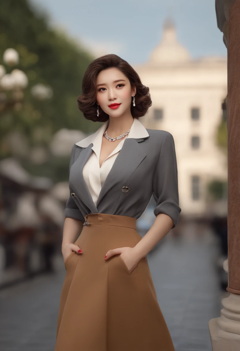 ((top-quality、​masterpiece、photographrealistic:1.4、in 8K))、Beautuful Women１a person、２1 year old, (((Hands in the pocket))) , (beautiful Bobhaircut)、((1940's upper women fashion:1.2)), ((standing pose)), ((wearing blazer dress skirt)) ,((wearing white diamond necklace:1.2)) , delicate and beautiful face、Eyes and faces with detailed 、(C-Cup Breast:1.5))、(at the street)、(full body Esbian:1.2)、A smile、Beautiful lighting、Textured skin、Super Detail、high detailing、High quality、hight resolution、（looking at the viewers）、Detailed mouth ,full body Esbian、Opening Mouth, ((lower view :.1.1))
