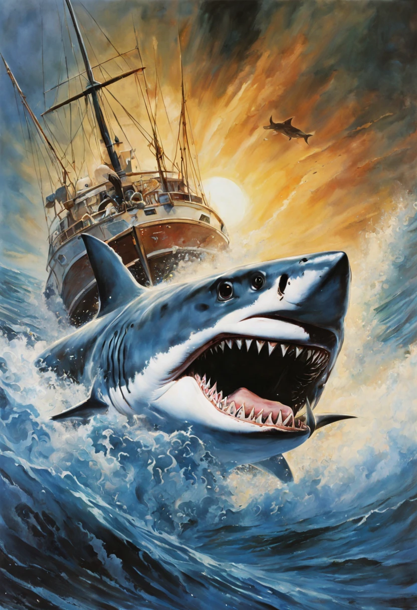 a painting of a shark attacking a boat, poster art by Drew Struzan, fantastic realism, movie poster, Ink, Spray, Pencil & Acrylic Paint On Paper