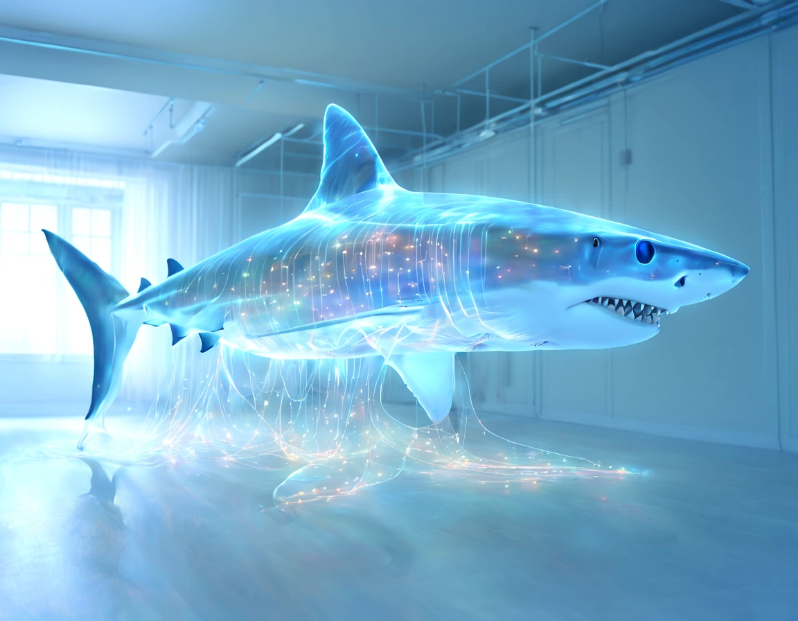 Completely (transparent:1.9) (Holographic:1.5) (Digital shark of neural circuits:1.5) swims in the information space and digital information flows, (the shark consists of connected neural circuits:1.5) which move (impulses:1.5), neural creature, the highest detail, pay attention to the internal structure of the shark, digital atmosphere, advanced technology, fiction, digital painting