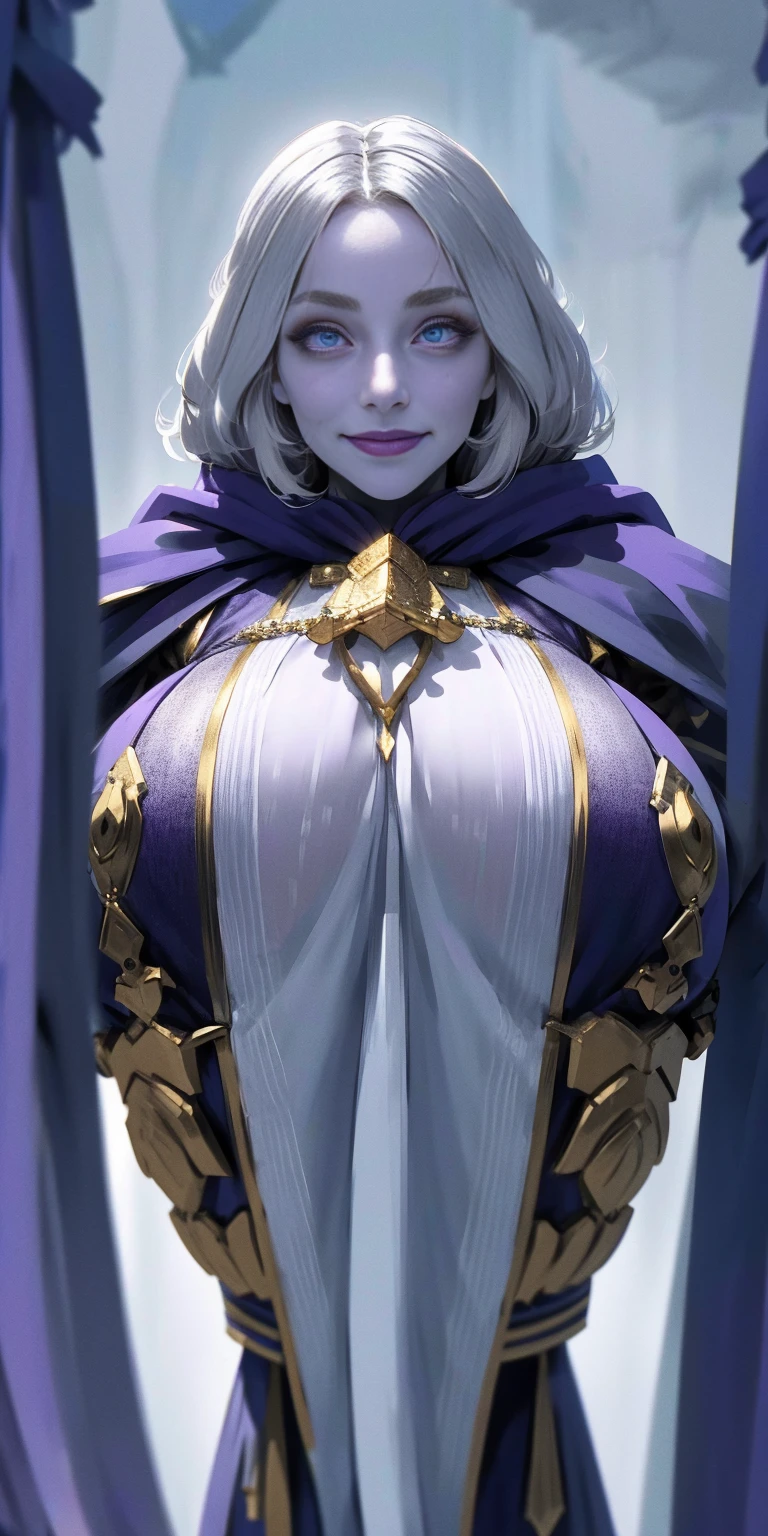 (Triplets)(chest covered)(smile)Gray skin, pale golden hair and violet eyes. They prefer clothing of white and silver with cloaks of deep blue or purple,village background, huge_knockers, ((very precise detailed)), ((highres)