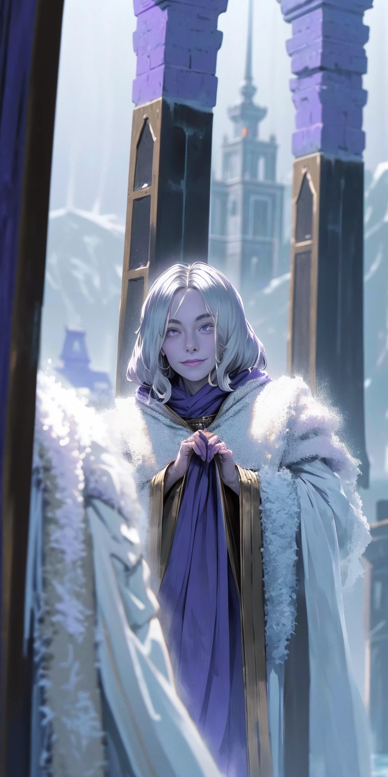 (Triplets)(chest covered)(smile)Gray skin, pale golden hair and violet eyes. They prefer clothing of white and silver with cloaks of deep blue or purple,village background, huge_knockers, ((very precise detailed)), ((highres)