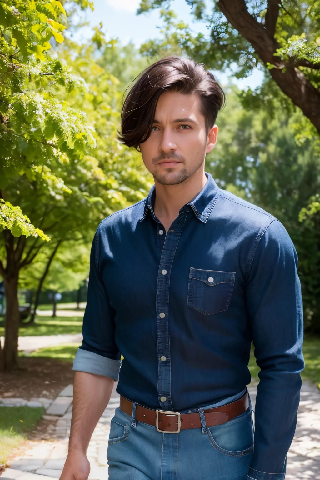 Bot Vaska, with his short black hair that's not too long, will put on a blue denim shirt and matching pants for a leisurely walk. The sunlight filters through the trees, casting dappled shadows on the ground, creating an incomparable masterpiece of a scene. The bot's expressions remain neutral as he takes in the beauty of nature around him, a perfect example of realism. This moment, captured in high definition, will be a masterpiece of bot Vaska's day. (photorealistic: 1.4), best quality, super high resolution.