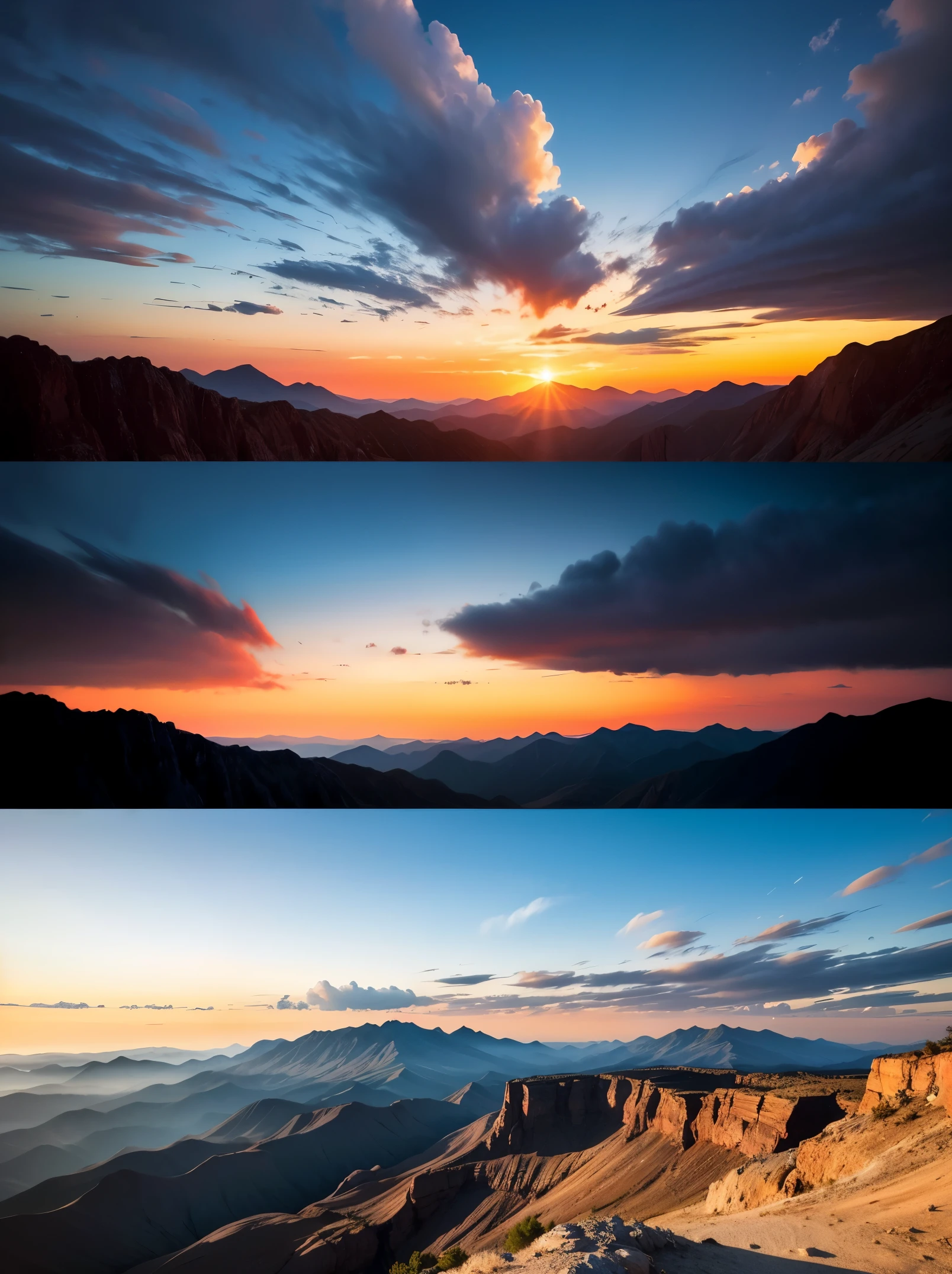 Create an artwork with three layers. The first layer should be the bottom third of the image and should contain the foreground. The second layer should be the middle third of the image and should contain the middle ground. The third layer should be the top third of the image and should contain the background.
fill each layer with a random plain color.
