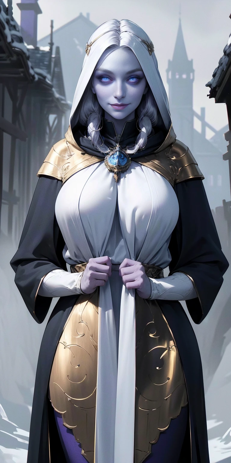 (Triplets)(chest covered)(smile)Gray skin, pale golden hair and violet eyes. They prefer clothing of white and silver with cloaks of deep blue or purple,village background, huge_knockers, ((very precise detailed)), ((highres)