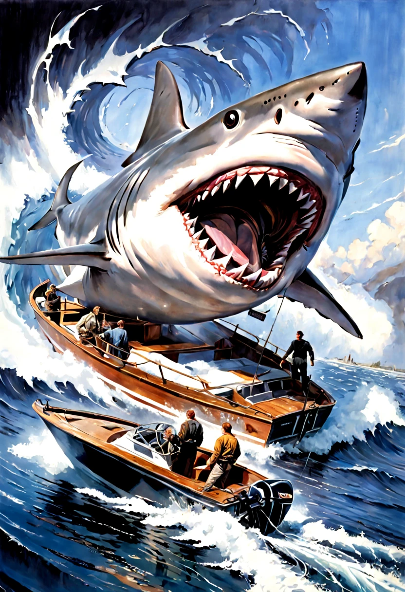 a painting of a shark attacking a boat, poster art by Drew Struzan, fantastic realism, movie poster, Ink, Spray, Pencil & Acrylic Paint On Paper