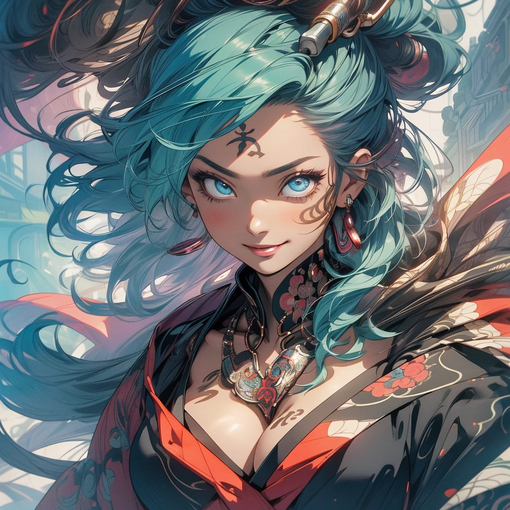 (((highest quality))),(((detailed eyes))),(((32k))),(1 girl),hair,(tattoo),(cyber punk),kimono,((Luxurious and gorgeous)),Shiny skin,earrings,flashy,((Super beautiful woman)),(perfect face),Japanese sword,ultimate texture,official art,Ukiyo-e,stylish,photograph,perfect body,smile,Bewitching,Highest image quality,distinct,real,fantasy,(Near the future),ninja,perfect eyes,big breasts,((cleavage)),highlight,挑発的なsmile,stick out tongue,split tongue,