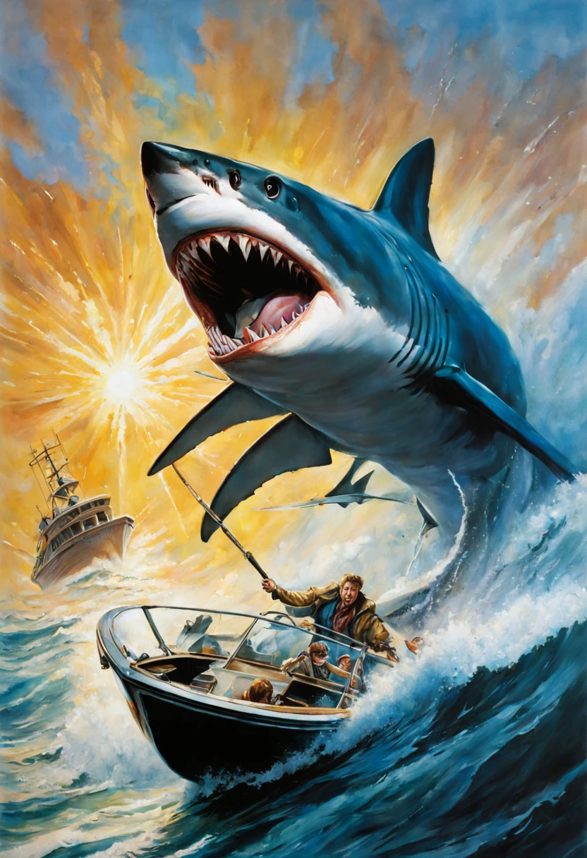 a painting of a shark attacking a boat, poster art by Drew Struzan, fantastic realism, movie poster, Ink, Spray, Pencil & Acrylic Paint On Paper