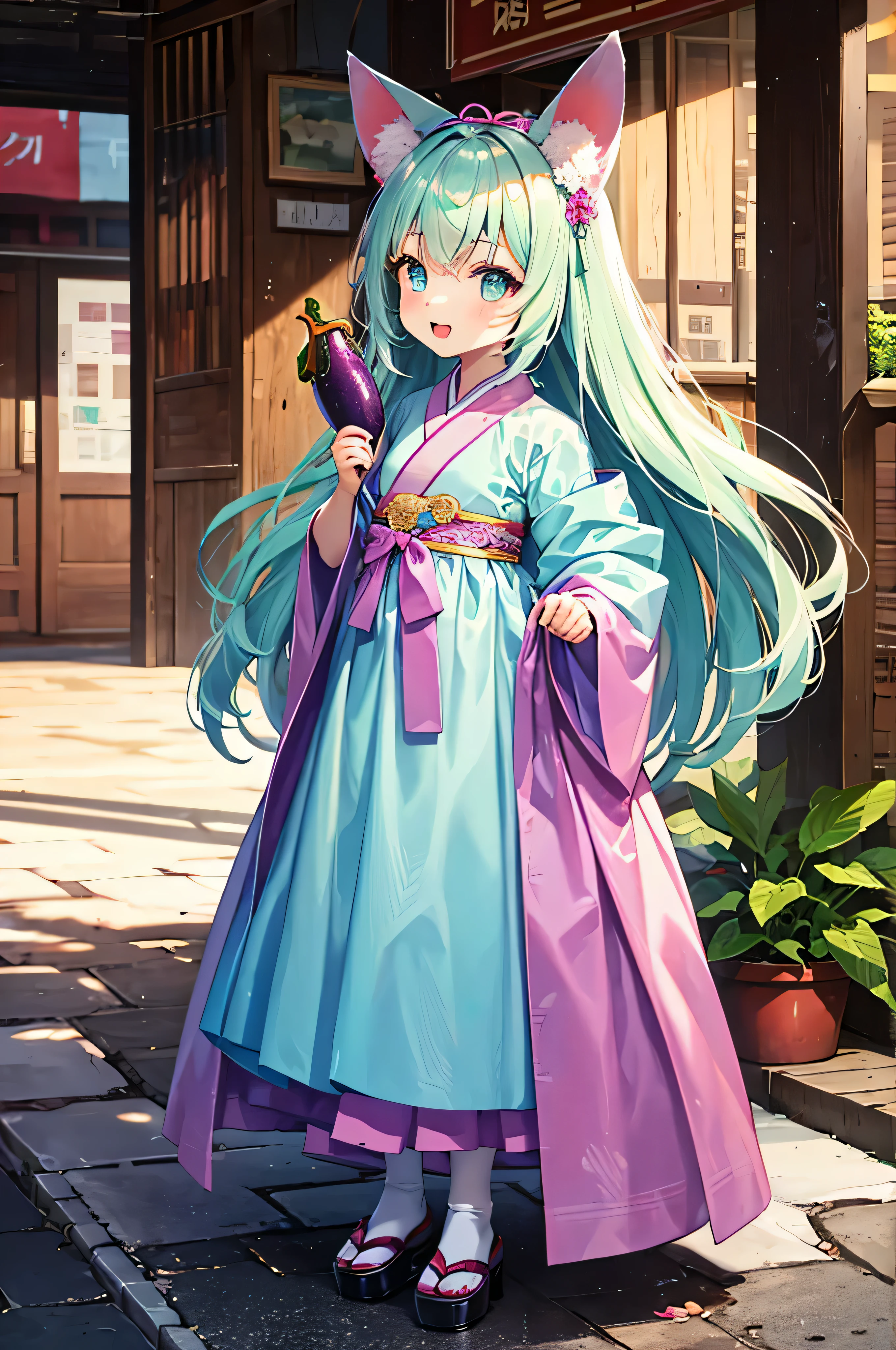 pretty girl, (:1.3), girl, full body, happy, light mint colored hair, Mint-colored eyes, (long hair), (holding an eggplant), Pink hanbok, face, dog ears folded forward