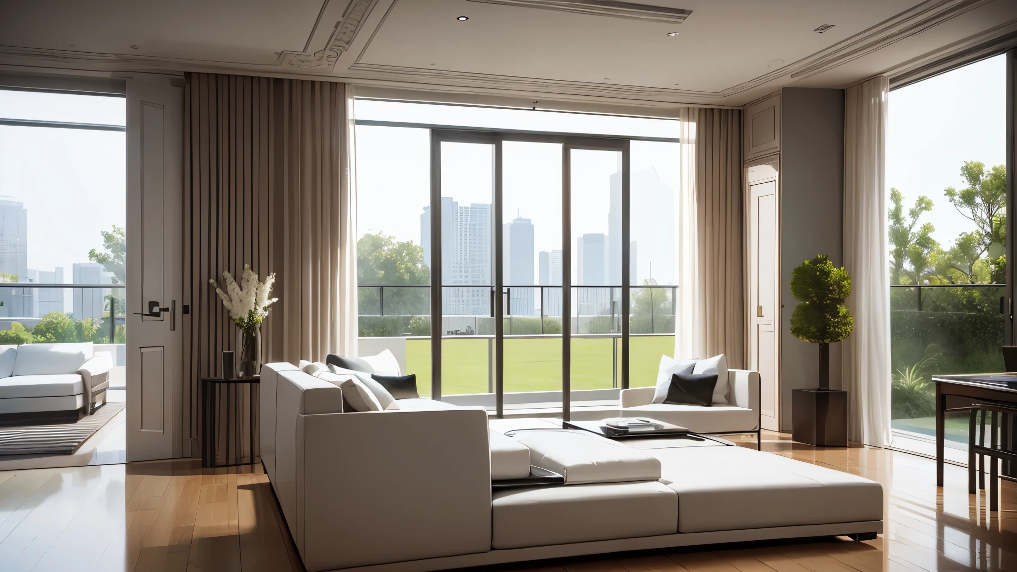 You are a famous interior designer、You have been asked to create a 3D image of a modern large room. Create a harmonious environment with modern and minimalist furniture. Including garden interior.