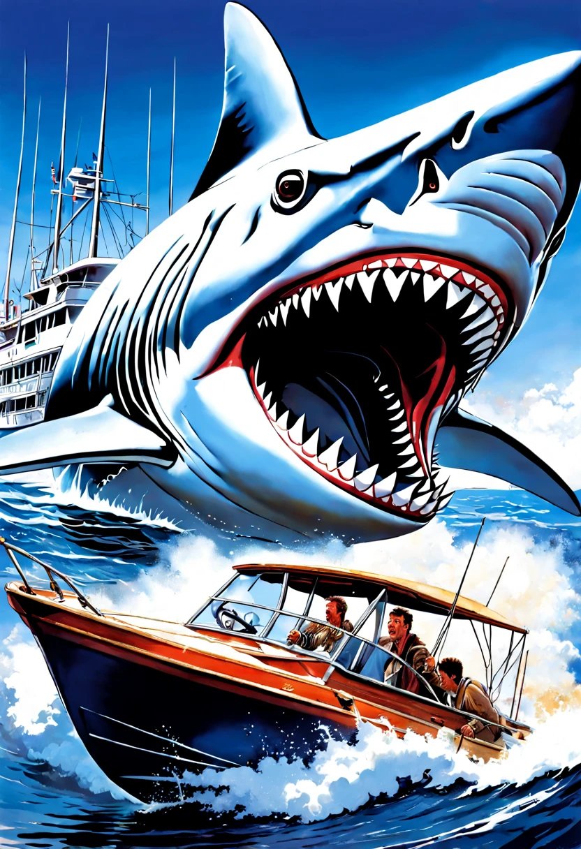 a painting of a shark attacking a boat, poster art by Drew Struzan, fantastic realism, movie poster, Ink, Spray, Pencil & Acrylic Paint On Paper