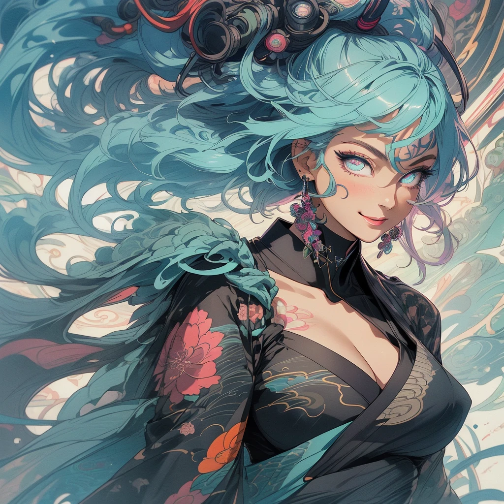 (((highest quality))),(((detailed eyes))),(((32k))),(1 girl),hair,(tattoo),(cyber punk),kimono,((Luxurious and gorgeous)),Shiny skin,earrings,flashy,((Super beautiful woman)),(perfect face),Japanese sword,ultimate texture,official art,Ukiyo-e,stylish,photograph,perfect body,smile,Bewitching,Highest image quality,distinct,real,fantasy,(Near the future),ninja,perfect eyes,big breasts,((cleavage)),highlight,挑発的なsmile,stick out tongue,split tongue,