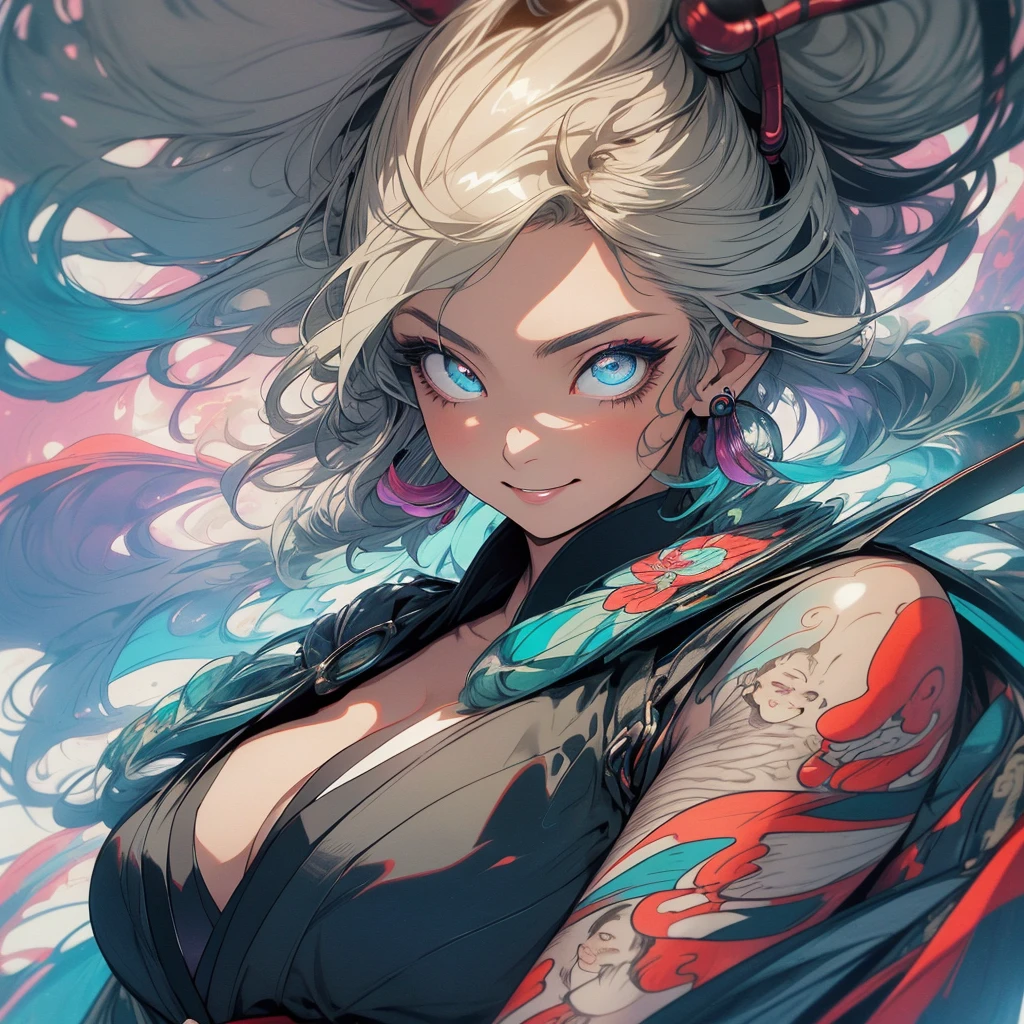 (((highest quality))),(((detailed eyes))),(((32k))),(1 girl),hair,(tattoo),(cyber punk),kimono,((Luxurious and gorgeous)),Shiny skin,earrings,flashy,((Super beautiful woman)),(perfect face),Japanese sword,ultimate texture,official art,Ukiyo-e,stylish,photograph,perfect body,smile,Bewitching,Highest image quality,distinct,real,fantasy,(Near the future),ninja,perfect eyes,big breasts,((cleavage)),highlight