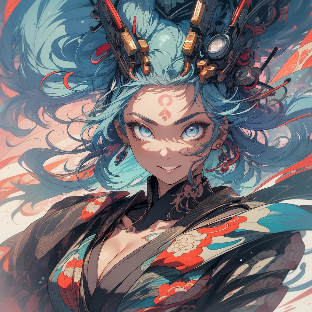 (((highest quality))),(((detailed eyes))),(((32k))),(1 girl),hair,(tattoo),(cyber punk),kimono,((Luxurious and gorgeous)),Shiny skin,earrings,flashy,((Super beautiful woman)),(perfect face),Japanese sword,ultimate texture,official art,Ukiyo-e,stylish,photograph,perfect body,smile,Bewitching,Highest image quality,distinct,real,fantasy,(Near the future),ninja,perfect eyes,big breasts,((cleavage)),highlight,挑発的なsmile,stick out tongue,split tongue,