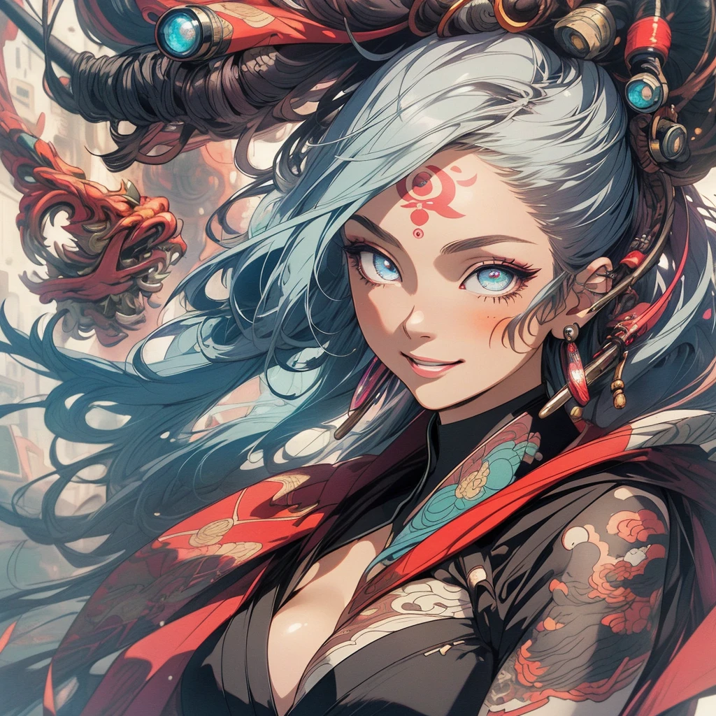 (((highest quality))),(((detailed eyes))),(((32k))),(1 girl),hair,(tattoo),(cyber punk),kimono,((Luxurious and gorgeous)),Shiny skin,earrings,flashy,((Super beautiful woman)),(perfect face),Japanese sword,ultimate texture,official art,Ukiyo-e,stylish,photograph,perfect body,smile,Bewitching,Highest image quality,distinct,real,fantasy,(Near the future),ninja,perfect eyes,big breasts,((cleavage)),highlight,挑発的なsmile,stick out tongue,split tongue,
