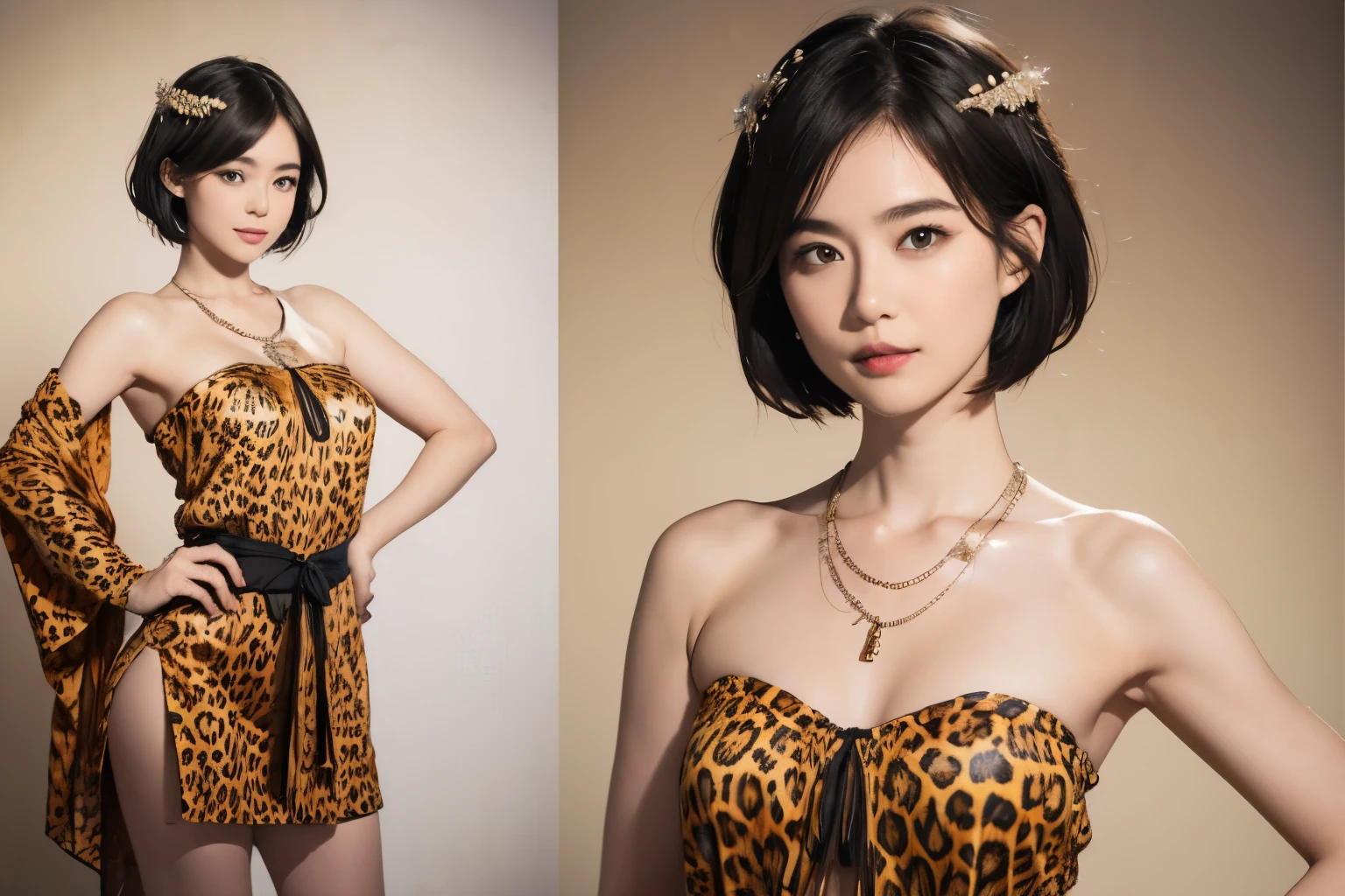 145
(20 year old woman,Animal print costume), (surreal), (High resolution), ((beautiful hairstyle 46)), ((short hair:1.46)), (gentle smile), (breasted:1.1), (lipstick)