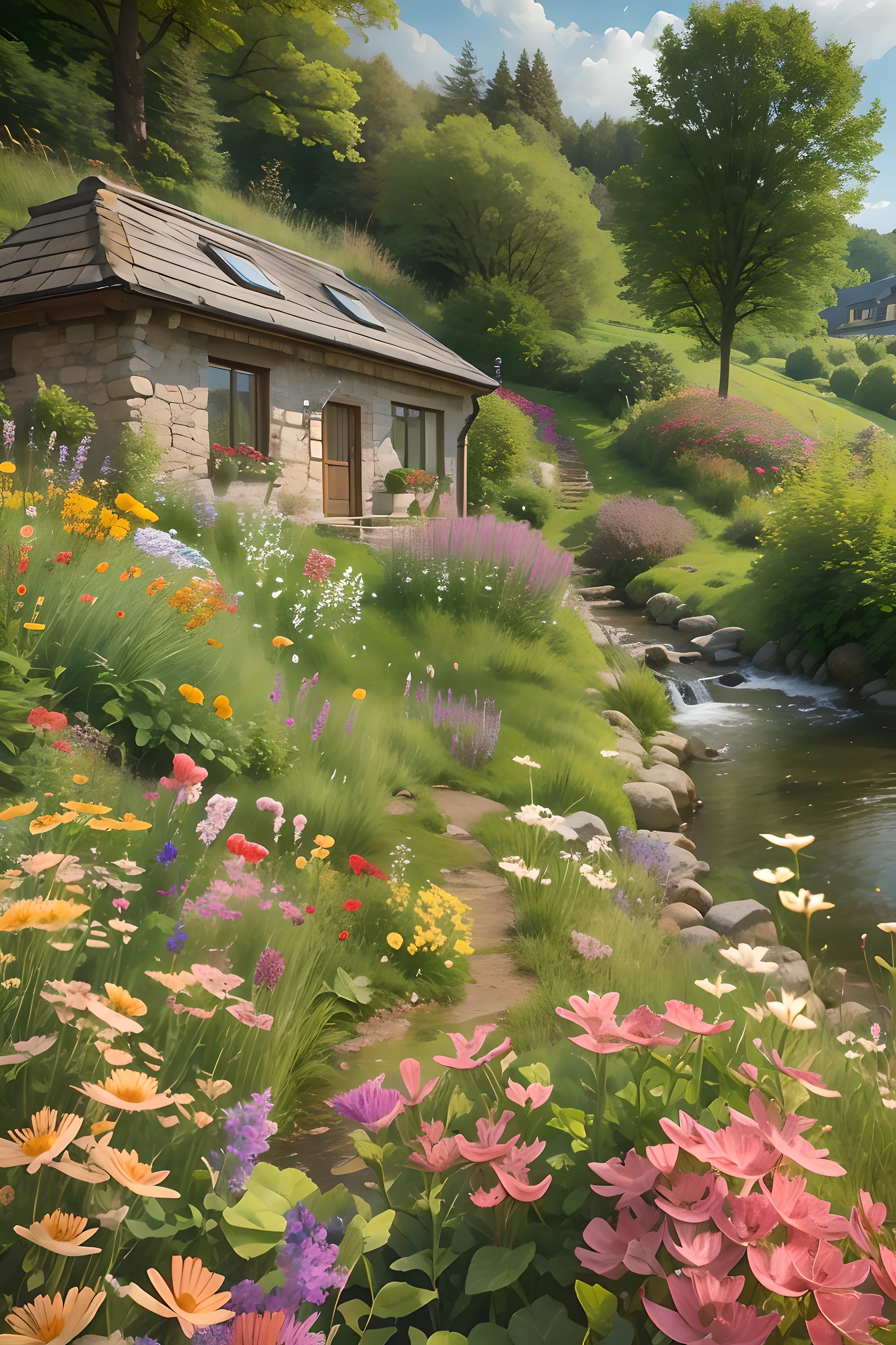 Holiday cottage on a hillside in the city center, wild flowers,There is a small stream next to it .
