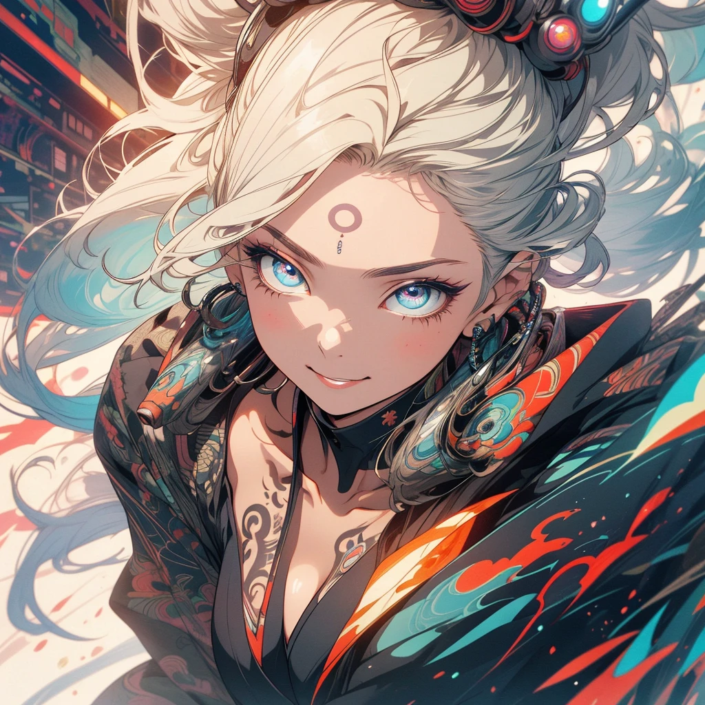 (((highest quality))),(((detailed eyes))),(((32k))),(1 girl),hair,(tattoo),(cyber punk),kimono,((Luxurious and gorgeous)),Shiny skin,earrings,flashy,((Super beautiful woman)),(perfect face),Japanese sword,ultimate texture,official art,Ukiyo-e,stylish,photograph,perfect body,smile,Bewitching,Highest image quality,distinct,real,fantasy,(Near the future),ninja,perfect eyes,big breasts,((cleavage)),highlight