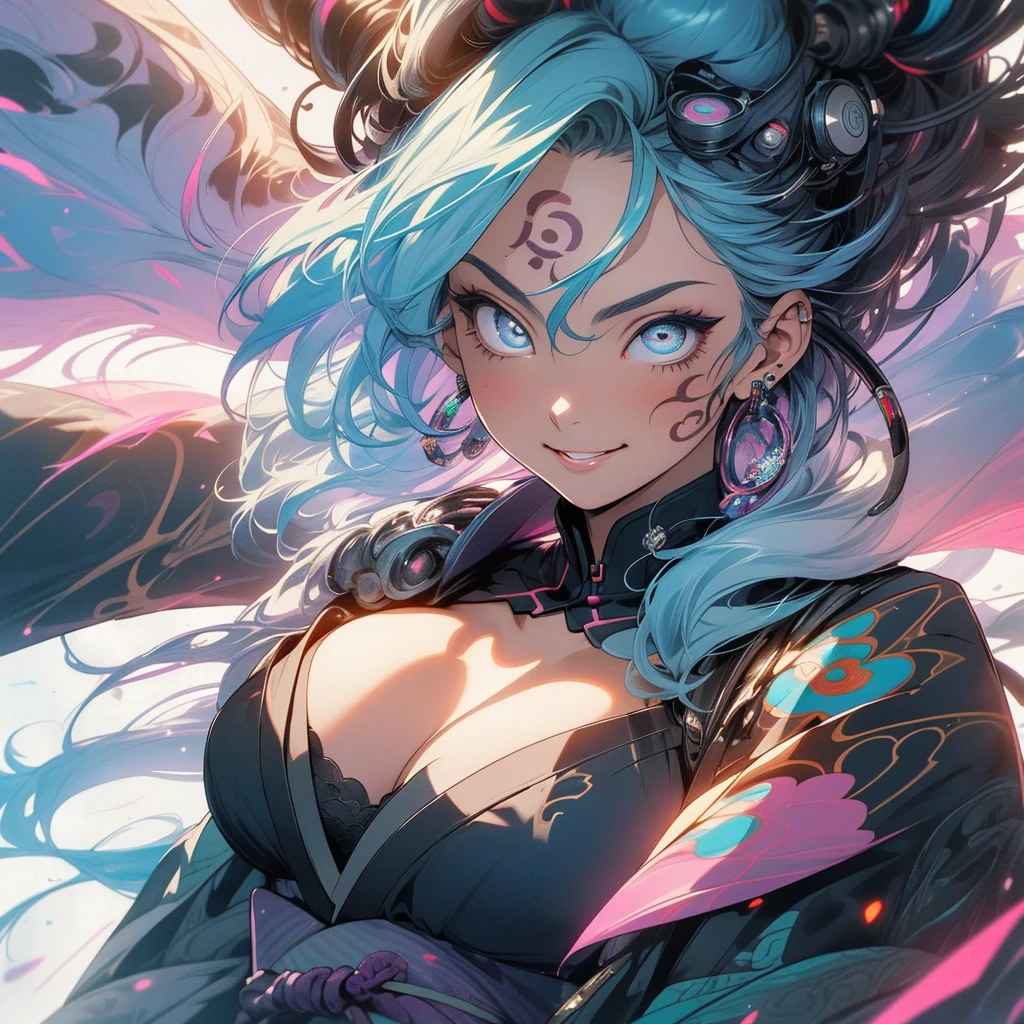 (((highest quality))),(((detailed eyes))),(((32k))),(1 girl),hair,(tattoo),(cyber punk),kimono,((Luxurious and gorgeous)),Shiny skin,earrings,flashy,((Super beautiful woman)),(perfect face),Japanese sword,ultimate texture,official art,Ukiyo-e,stylish,photograph,perfect body,smile,Bewitching,Highest image quality,distinct,real,fantasy,(Near the future),ninja,perfect eyes,big breasts,((cleavage)),highlight,挑発的なsmile,stick out tongue,split tongue,