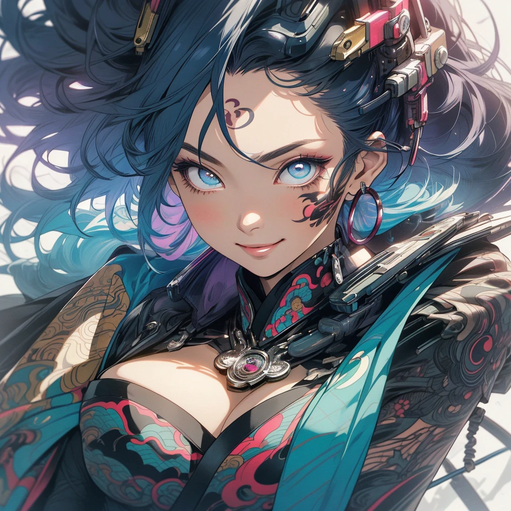 (((highest quality))),(((detailed eyes))),(((32k))),(1 girl),hair,(tattoo),(cyber punk),kimono,((Luxurious and gorgeous)),Shiny skin,earrings,flashy,((Super beautiful woman)),(perfect face),Japanese sword,ultimate texture,official art,Ukiyo-e,stylish,photograph,perfect body,smile,Bewitching,Highest image quality,distinct,real,fantasy,(Near the future),ninja,perfect eyes,big breasts,((cleavage)),highlight,挑発的なsmile,stick out tongue,split tongue,