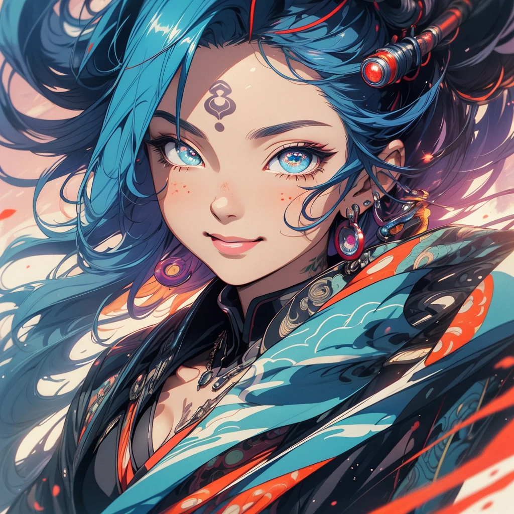 (((highest quality))),(((detailed eyes))),(((32k))),(1 girl),hair,(tattoo),(cyber punk),kimono,((Luxurious and gorgeous)),Shiny skin,earrings,flashy,((Super beautiful woman)),(perfect face),Japanese sword,ultimate texture,official art,Ukiyo-e,stylish,photograph,perfect body,smile,Bewitching,Highest image quality,distinct,real,fantasy,(Near the future),ninja,perfect eyes,big breasts,((cleavage)),highlight,挑発的なsmile,stick out tongue,split tongue,