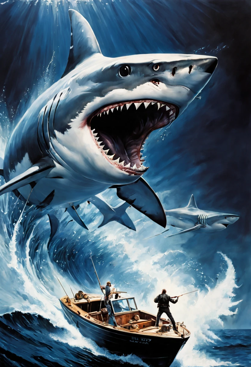 a painting of a shark attacking a boat, poster art by Drew Struzan, fantastic realism, movie poster, Ink, Spray, Pencil & Acrylic Paint On Paper