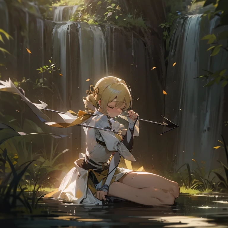 1 girl, perfect lighting, 8K, 1080P, mami tomoe, kneeling, bend back, closed eyes, pain, moaning, arrow pierce body, scenery