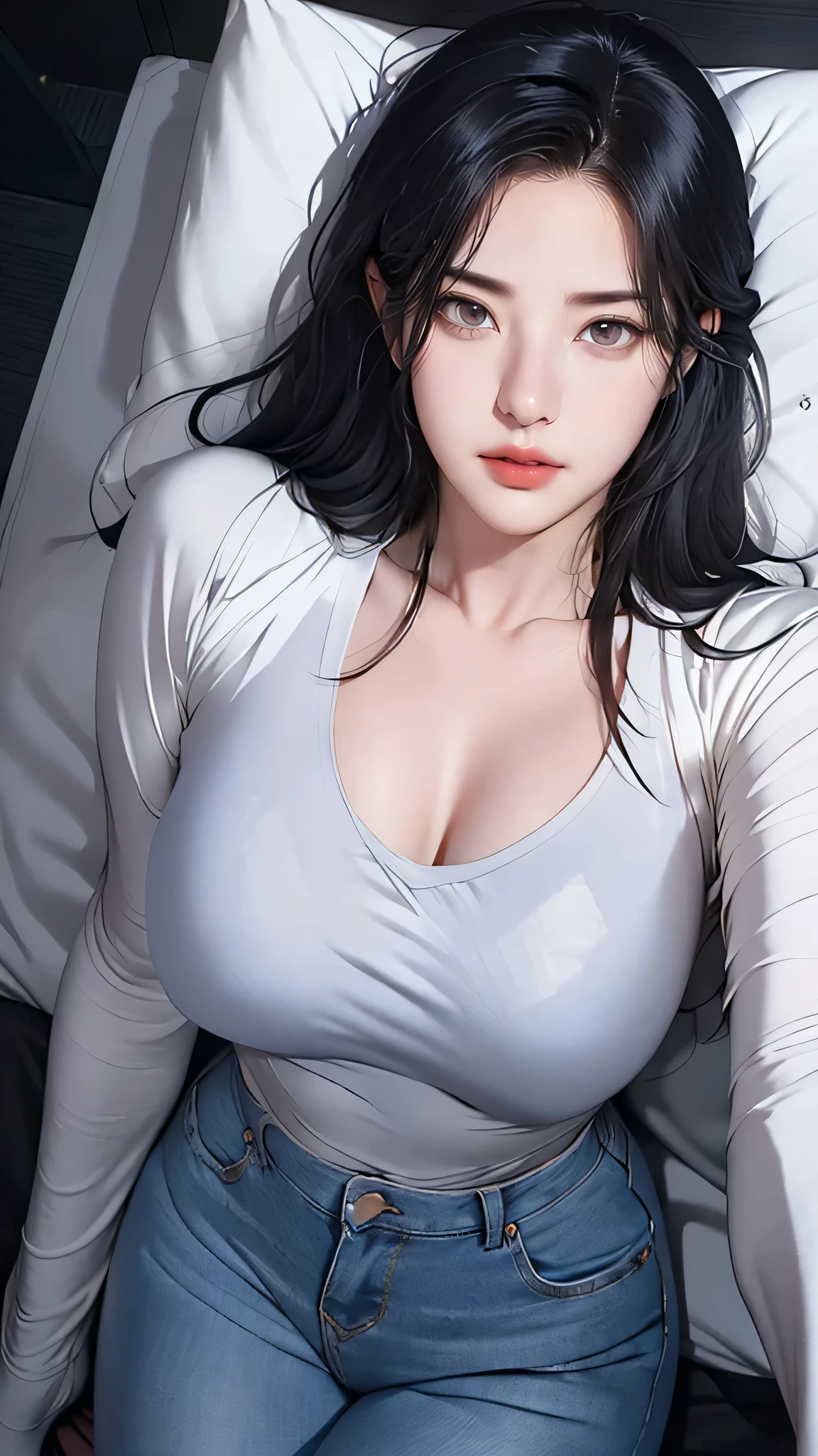 （（（black hair,tie hair，Exposing bangs， amber eyes, thick upper lip and pointed nose,（（（Manha，girl，Sexy，Miss，Japanese cartoons，long sleeve t-shirt, White T-shirt, blue jeans, ））），（（（wide hips））），S-shaped body:1.7））），((masterpiece)),high resolution, ((Best quality at best))，masterpiece，quality，Best quality，（（（ Exquisite facial features，looking at the audience,There is light in the eyes ））），（（（Light and shadow interlace，huge ））），（（（from above，Lying in bed）））