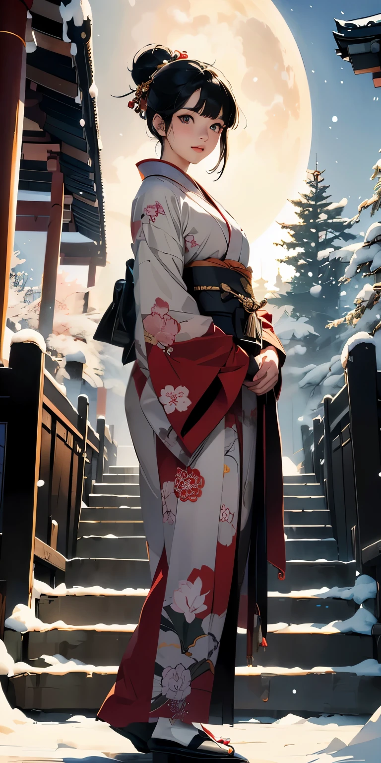 masterpiece、High resolution 8K、NSFW、sharp focus、contrast lighting、fine skin、 ultra high resolution、ultra high resolution、Detailed CG、snow scene at night、moon、moon flare、lanthanum、石のlanthanum、that&#39;that&#39;that&#39;that&#39;that&#39;that&#39;It&#39;s snowing、Former shrine of Japan、temple、Quaint、Scenery with the main shrine torii gate - Angle、Descend the long stone steps in the pine forest、full body shot、Beautiful woman、beautiful eyes、(detailed face and iace:1 2)、narrow eyes、almond eye、brown eyes、gradation eye、highlight:1.2)、(beautiful black hair、middle、asymmetrical bangs、medium hair)、(Woman in Japan kimono、Japanese pattern kimono)、(plump lips、glossy lips、small chest size) 、(oval face : 1.4)、(thin fingered arms、detailed human hand)、half-open smile、teeth visible、long shot