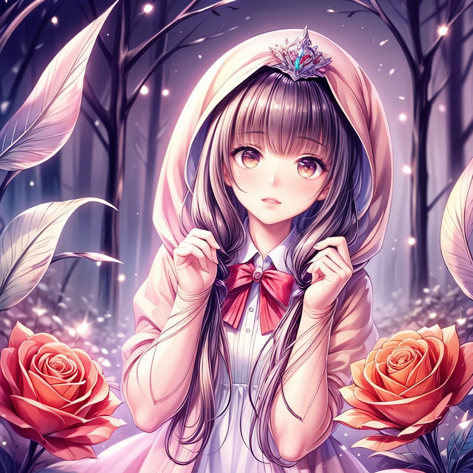 (highest quality:1.4),(masterpiece:1.4),super detailed,8K,cg,exquisite,Upper body,Lonely,thumb girl,Little Princess,flowing coat dress,garden background,detailed facial features,long curly hair,Almond Eyes,Delicate eye makeup,long fluttering eyelashes,Sparkling starry eyes,and a starry gaze, intricate lip details,soft and harmonious style.