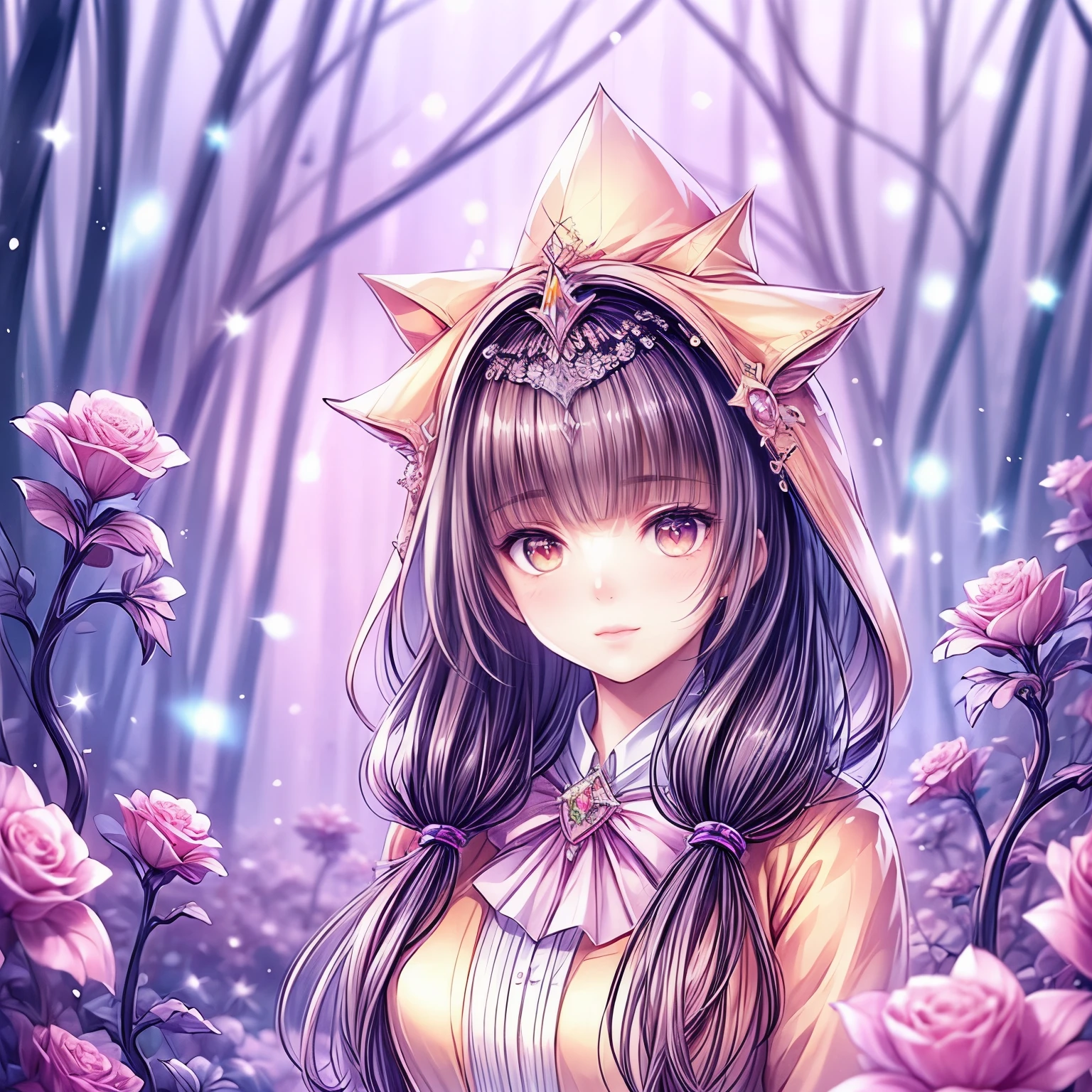 (highest quality:1.4),(masterpiece:1.4),super detailed,8K,cg,exquisite,Upper body,Lonely,thumb girl,Little Princess,flowing coat dress,garden background,detailed facial features,long curly hair,Almond Eyes,Delicate eye makeup,long fluttering eyelashes,Sparkling starry eyes,and a starry gaze, intricate lip details,soft and harmonious style.