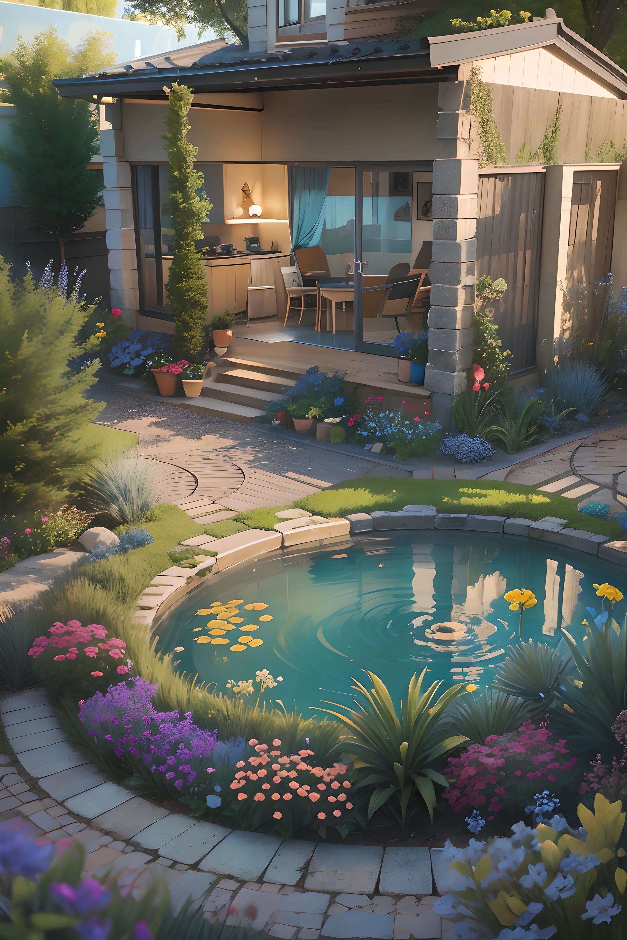 Suburban single-story house,terrace, fountain, There are blue flowers around
